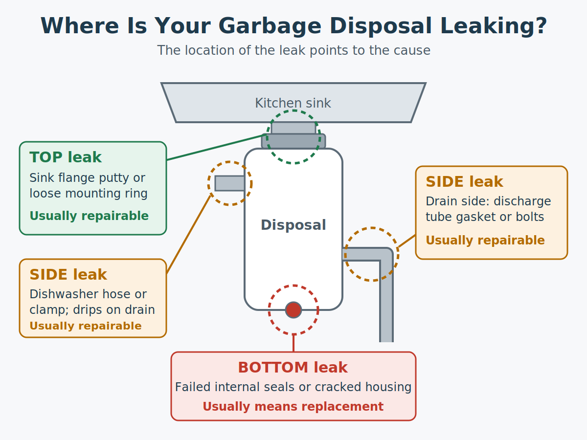 Garbage Disposal Leaking Leak Points Infographic